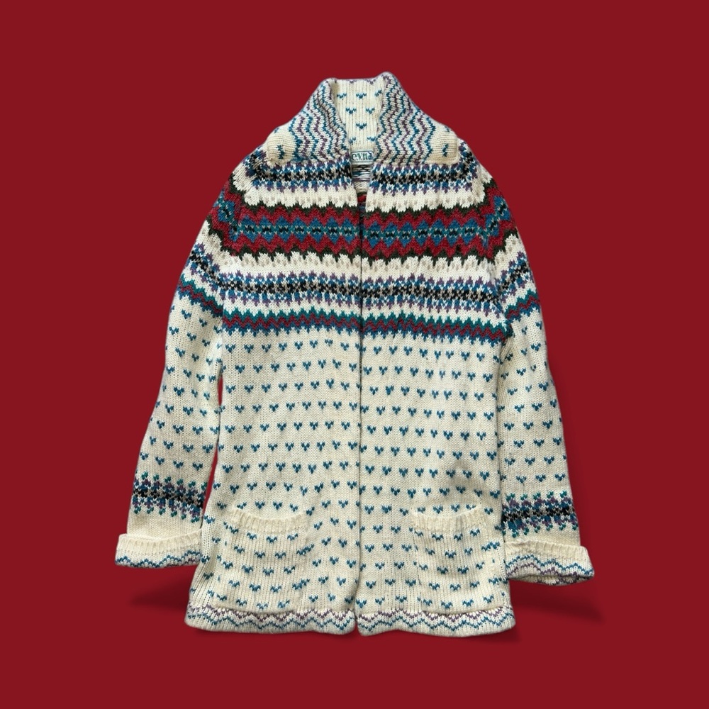 e.v. Ltd. Vintage Wool Fair Isle Birdseye Cream Open Front Cardigan Size Small